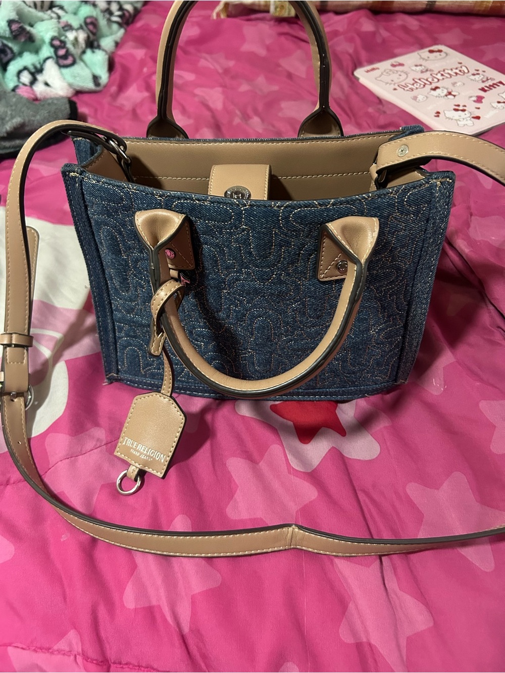True Religion Blue Denim Satchel with Beige Trim